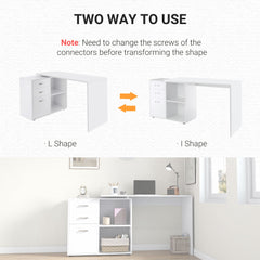 HOMCOM L Shaped Computer Desk, Reversible Home Office Desk with Drawers, File Cabinet and Storage Shelves, Study Table, 117 x 83.5 x 76cm, White