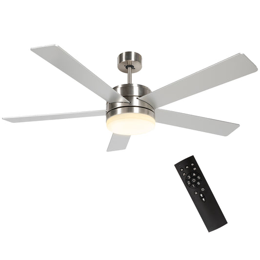 HOMCOM 52" Ceiling Fans with Light and Remote, 132CM LED Ceiling Fan with 5 Blades, 5-Speed, Timer, Quiet Reversible DC Motor, for Bedroom, Living Room, Silver and Beech Wood-effect