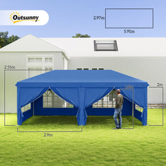 Outsunny 3 x 6 m Garden Pop Up Gazebo, Wedding Party Tent Marquee, Water Resistant Awning Canopy with Sidewalls, Windows, Carry Bag, Blue