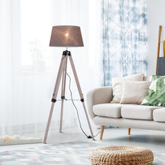 HOMCOM Tripod Floor Lamps for Living Room Bedroom, Modern Adjustable Standing Lamp with Wood Legs, Drum Fabric Shade, 99-143cm, Grey