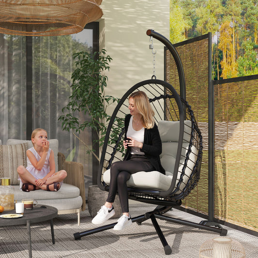 Outsunny Outdoor PE Rattan Swing Chair with Cushion, Garden Foldable Basket Patio Hanging Egg Chair with Metal Stand, Headrest, for Indoor and Outdoor, Black