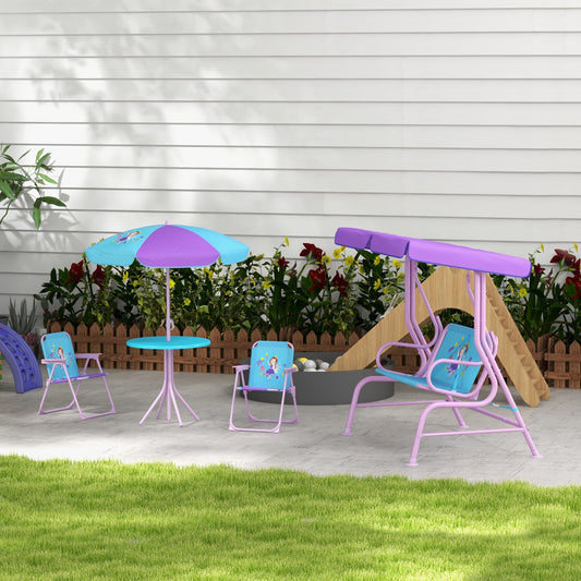 Outsunny 4PCs Kids Garden Furniture Set w/ 2 Seater Garden Swing Chair with Adjustable Canopy, Childrens Table and Chair Set with Parasol, for Toddler Girls 3-6 Years Old