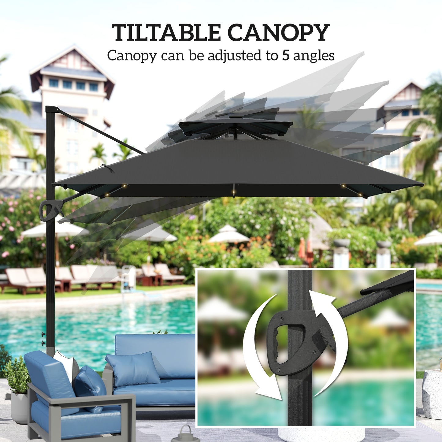 Outsunny 3.5x3 m Garden Cantilever Parasol with Solar LED Lights and Centre Light, UPF50+ Aluminium Patio Umbrella with 360√Ç¬∞ Rotation and Tilt, Hanging Sun Shade with Cross Base, Crank Handle, Black