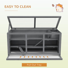 PawHut Wooden Hamster Cage, Small Animals Hutch with Tray, Openable Top, Exercise Play House Pen, 115L x 57W x 55Hcm, Grey