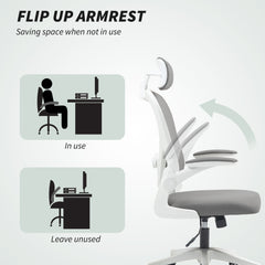 HOMCOM Executive Office Chair, Ergonomic Mesh High Back Desk Chair with Flip-up Armrest, Rotatable Headrest, Adjustable Lumbar Support for Home Study, Grey