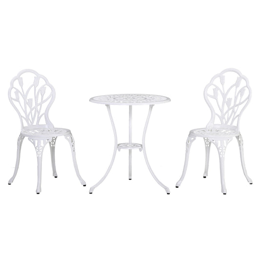 Outsunny 3 Piece Patio Bistro Set for 2, Outdoor Aluminium Garden Table and Chairs with Umbrella Hole for Balcony, White