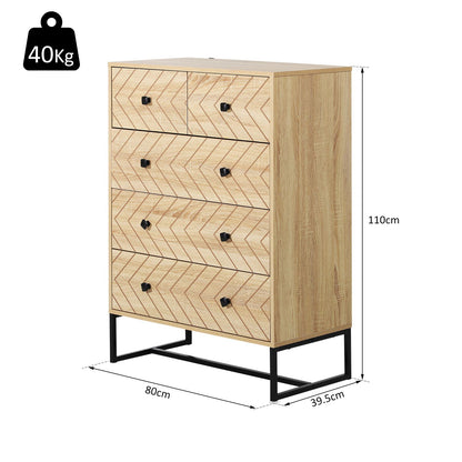 HOMCOM 5 Drawer Chest Sideboard Cabinet Storage Unit Bedroom Home Unique Zigzag Design w/ Black Metal Handles Anti Tip & Top
