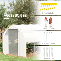 Outsunny 3 x 2(m) Walk-in Polytunnel Greenhouse, Zipped Roll Up Sidewalls, Mesh Door, 6 Mesh Windows, Tunnel Warm House Tent with PE Cover, Complimentary Plant Labels and Gloves, White