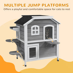 PawHut√Ç 2-story Cat House Outdoor, Weatherproof√Ç Wooden Cat Enclosure for Feral Cats with Escape Door, Openable Roof, Jumping Platforms, Grey