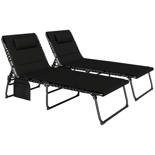 Outsunny Folding Sun Loungers Set of 2, Recliner Garden Chairs with Quick Drying Pad Headrest Side Pocket, Garden Sun Loungers for Beach Pool, Black