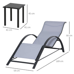 Outsunny 3 Pieces Lounge Chair Set Metal Frame Garden Outdoor Recliner Sunbathing Chair with Table, Light Grey