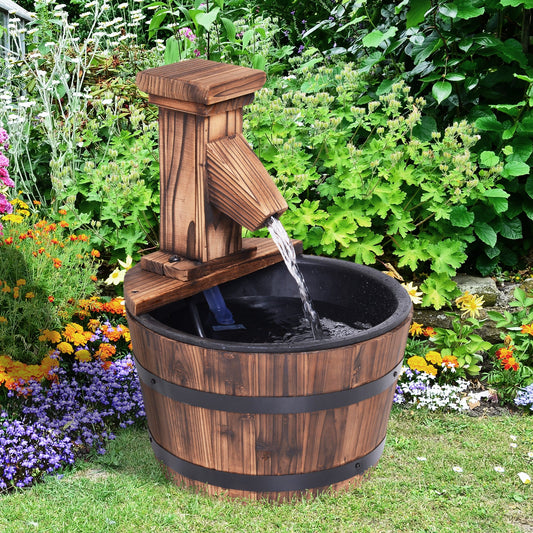 Outsunny Wood Barrel Patio Water Fountain Garden Decorative Ornament Water Feature with Electric Pump