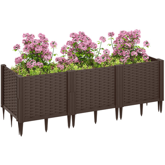 Outsunny Plastic Raised Garden Bed, Modular Planter Box Kit, Garden Fence Edging Border for Flowers, Vegetables, Herbs, Brown