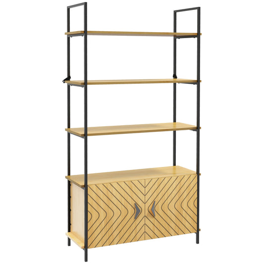 HOMCOM Bookcase 4-Tier Storage Shelf with Double Door Cabinet and Metal Frame for Living Room, Bedroom, Oak Tone