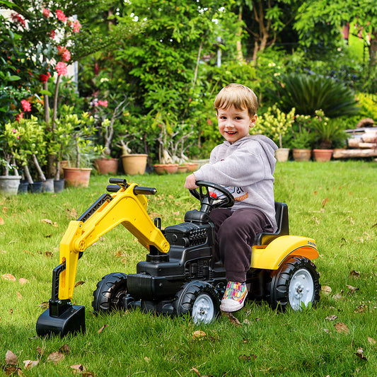 HOMCOM Kids Ride on Digger Pedal Go Kart Pretend Play Construction No Power Truck with Horn for 3 - 6 Years, Yellow