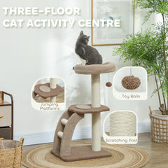 PawHut Cat Tree for Indoor Cats, 88cm Cat Tower with Sisal Scratching Post, Hanging Ball, Large Cat Perch, Stairs, Brown