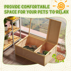 PawHut 94 cm Wooden Tortoise House Turtle Habitat Small Reptile Cage Enclosure with Two Room Yellow