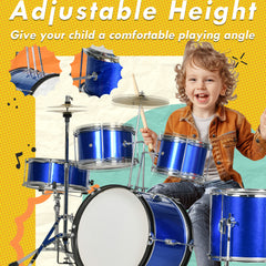 AIYAPLAY 11-Piece Kids Drum Kits w/ Stool, Drumsticks, Pedal, Cymbals, for 3-6 Years, Blue