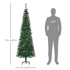 HOMCOM 6.5FT Tall√Ç Pencil Slim Artificial Christmas Tree with√Ç Realistic√Ç Branches, Tip Count and Pine Cones, Pine Needles Tree, Xmas√Ç Decoration, Green