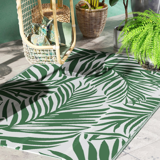 Outsunny Reversible Outdoor RV Rug, 1.5 x 2.4m Patio Floor Mat, Waterproof Plastic Straw Rug for Garden, Deck, Picnic, Beach, Camping, Green Leaves, Green and White