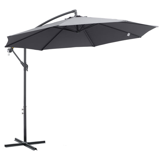 Outsunny 3(m) Garden Parasol Sun Shade Patio Banana Hanging Umbrella Cantilever with Crank Handle and Cross Base Grey