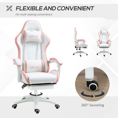 Vinsetto Computer Gaming Chair, PU Leather Office Desk Chair with Footrest, Swivel Wheels, 135√Ç¬∞ Reclining Back, Lumbar Support, Headrest for Home, White and Pink