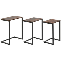 HOMCOM Nesting Side Tables Set of 3, C-Shaped Snack Side Tables with Steel Frame for Sofa Couch and Bed, Rustic Brown