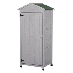 Outsunny Wooden Garden Shed, Outdoor Storage Cabinet with 2 Shelves and Hooks, Locking Organiser Outdoor Narrow Tool House, 74x55x155cm, Grey