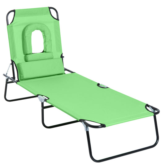 Outsunny Outdoor Foldable Sun Lounger, 4 Level Adjustable Backrest Reclining Sun Lounger Chair with Pillow and Reading Hole, Green