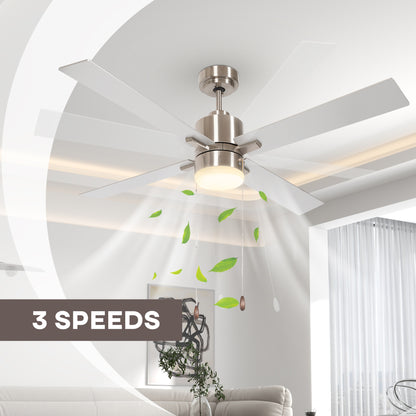 مروحة سقف HOMCOM مع إضاءة LED، مصابيح مروحة سقف مثبتة على السطح مع شفرات قابلة للعكس، سلسلة سحب، فضية ولون طبيعي