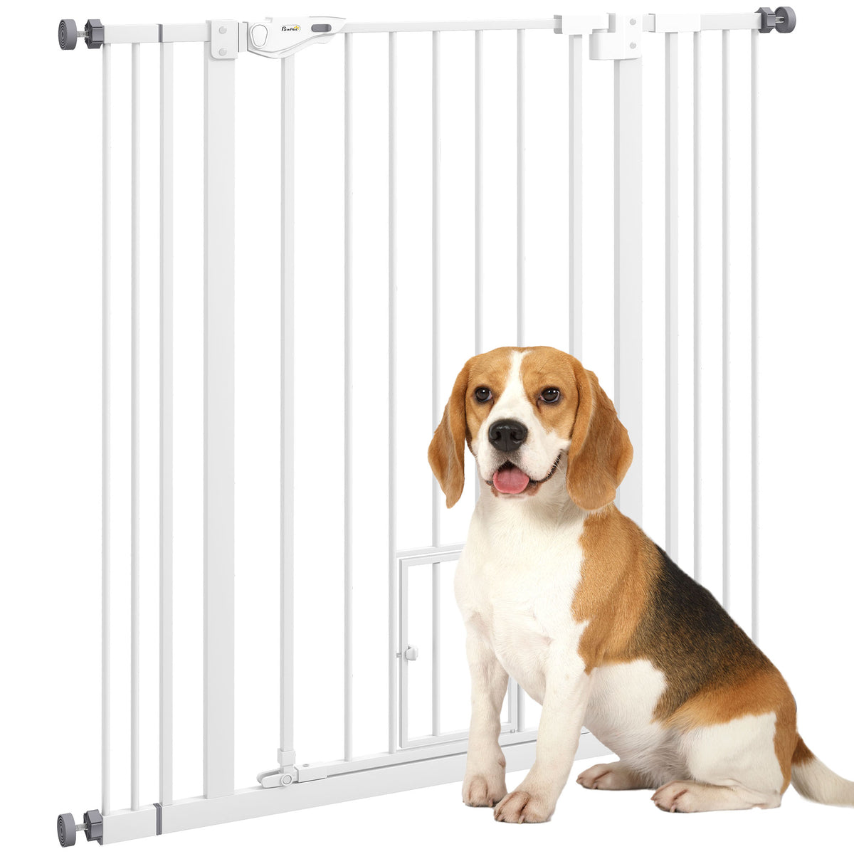 بوابة PawHut Extra Tall Pet Gate، بوابة أمان للكلاب في الأماكن المغلقة، مع فتحة للقطط، إغلاق تلقائي، عرض 74-101 سم - أبيض