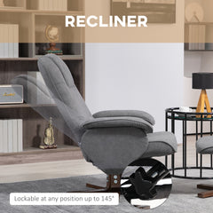 HOMCOM Linen Swivel Recliner Chair with Footstool, Upholstered Reclining Armchair with Wooden Base for Living Room, Grey