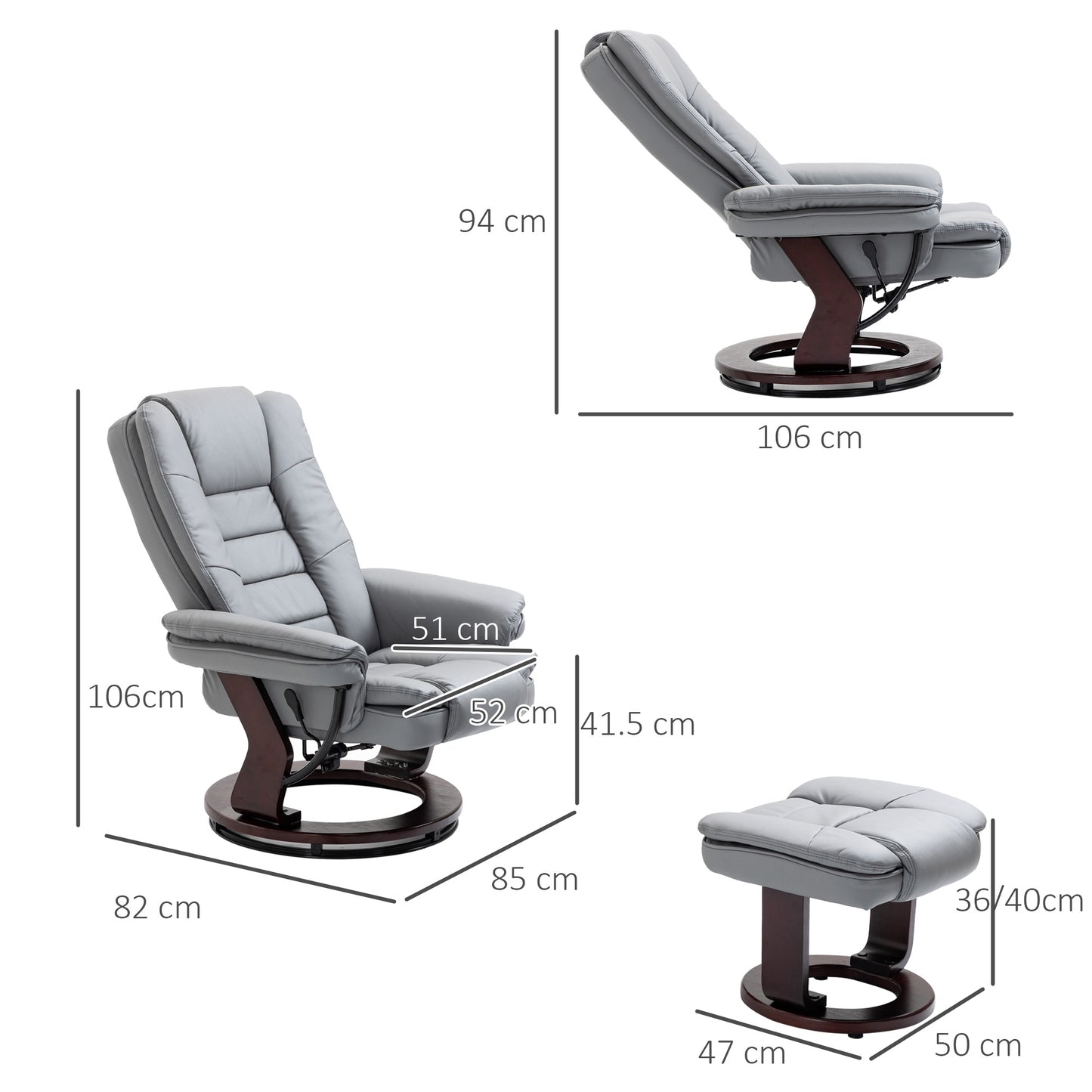 HOMCOM Recliner Chair With footstool, Recliner Armchair up to 130kg Weight Capacity, 135√Ç¬∞ Reclining Swivel Sofa Chair, PU Leather Ergonomic Couch Bed with Swivel Wood Base for Living Room, Grey