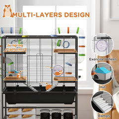 PawHut Large Hamster Cage, Gerbil Cage with Tubes, Storage Shelf, Ramps, Platforms, Running Wheel - Black