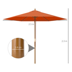 Outsunny 2.5m Wood Garden Parasol Sun Shade Patio Outdoor Wooden Umbrella Canopy Orange