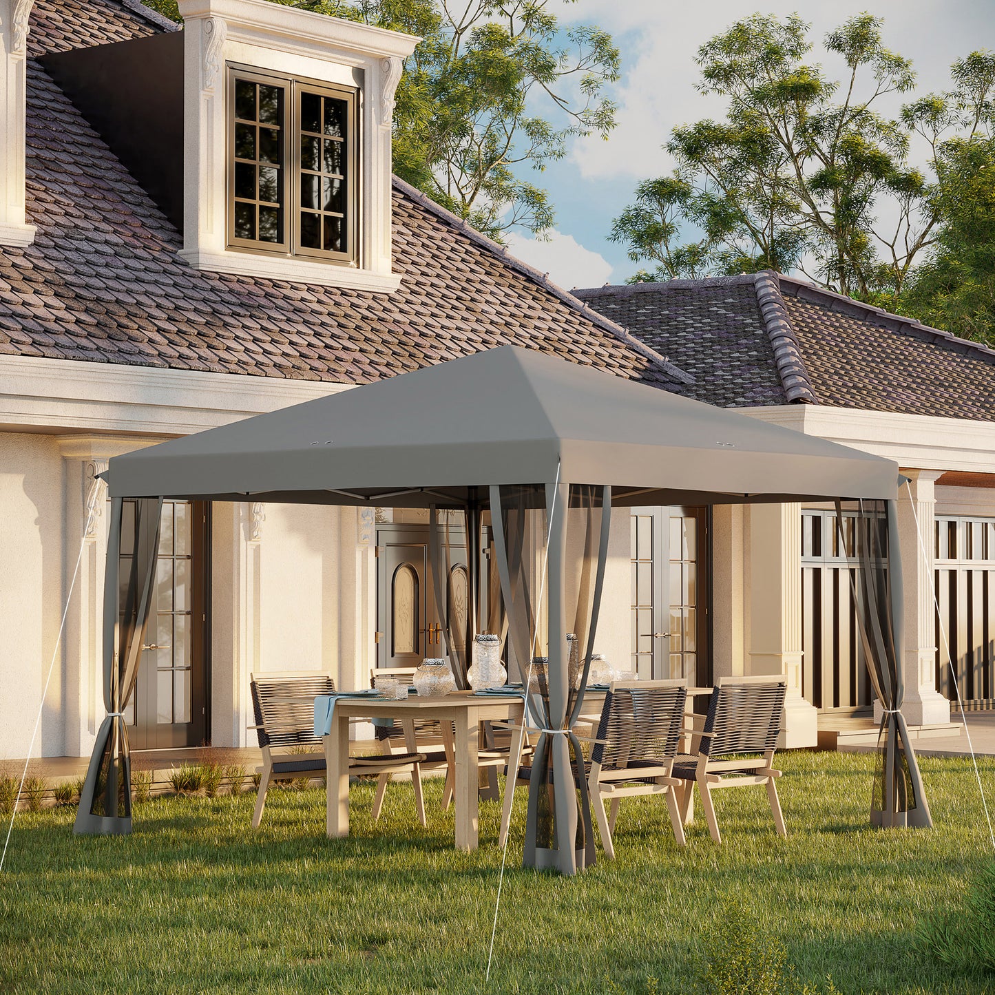 Outsunny 3 x 3√Ç m Pop Up Gazebo, 420D Garden Tent Canopy with Removable Mesh Sidewall Netting, Carry Bag for Garden Patio Outdoor, Light Grey