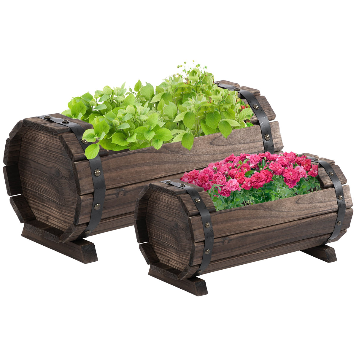 Outsunny 2PCs 56L Wooden Planter Box Flower Plant Pot Outdoor Flower Beds Plant Box with Solid Wood Carbonized Colour