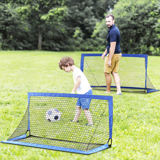 HOMCOM Set of 2 Football Goal Net 6 x 3 ft Foldable Outdoor Sport Training Teens Adults Football with Carrying Bag Blue