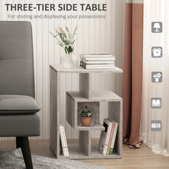 HOMCOM Side Table, 3 Tier End Table with Open Storage Shelves for Living Room, Bedroom, Cement Colour