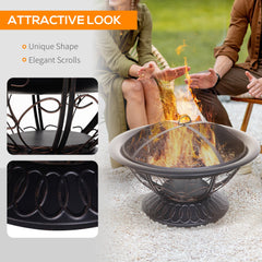 Outsunny Metal Large Firepit Bowl Outdoor Round Fire Pit Brazier w/ Lid, Log Grate, Poker, Elegant Scrolls for Backyard, Camping, Bonfire, Wood Burning Stove, 76 x 76 x 50cm, Black