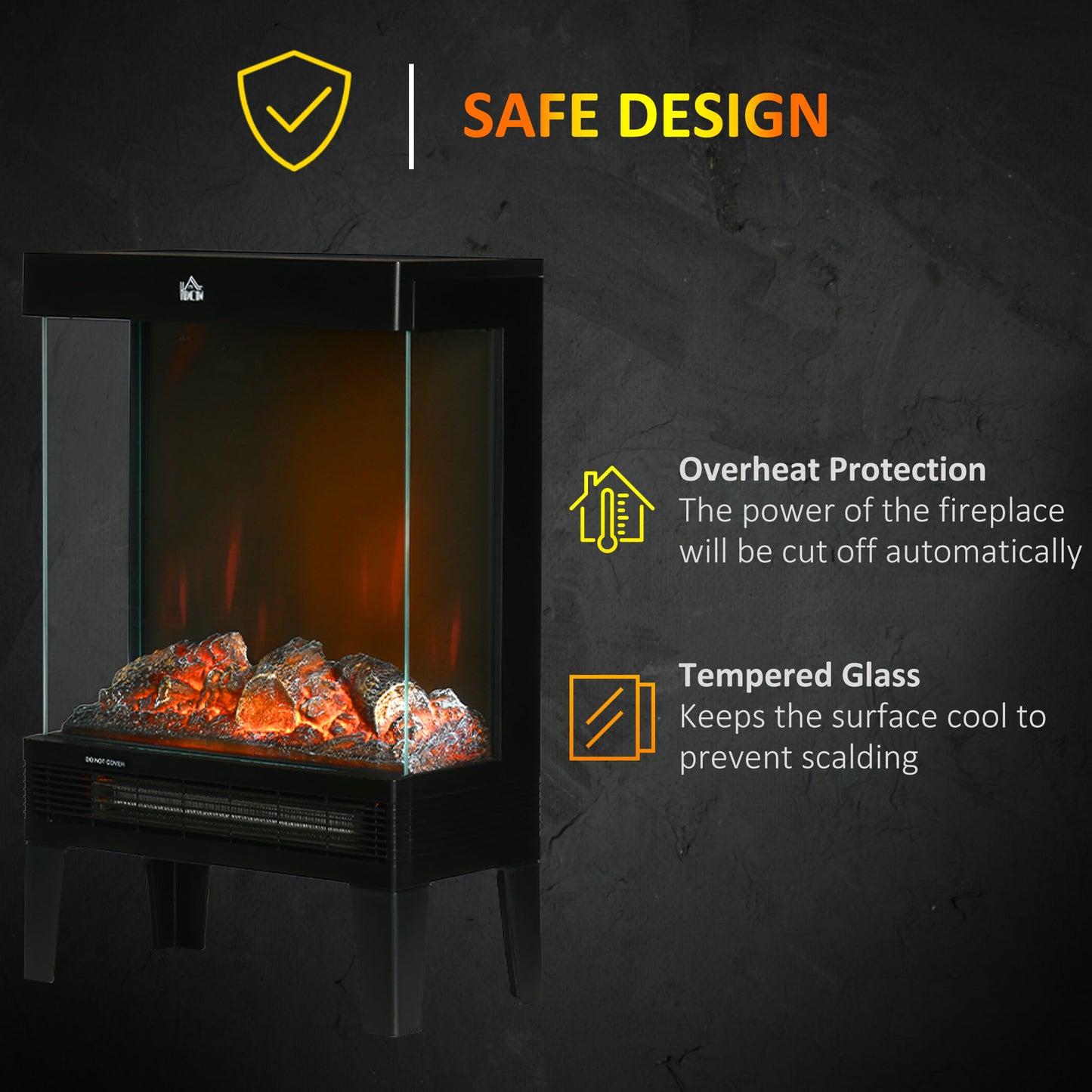 HOMCOM 180√Ç¬∞ Charming Electric Fireplace Heater, Quiet Freestanding Stove with LED Flame Effect, Level-less Temperature Control, Overheating Protection, 1000W/2000W, Black