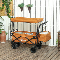 Outsunny Folding Trolley Cart Storage Wagon Beach Trailer 4 Wheels with Handle Overhead Canopy Cart Push Pull For Shopping Camping, Orange