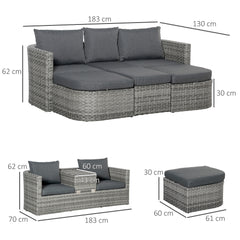 Outsunny 3 Piece Rattan Garden Furniture Set with Cushions, Patio Wicker Conversation Double Chaise Lounge Furniture Set with Convertible Middle Table, Mixed Grey