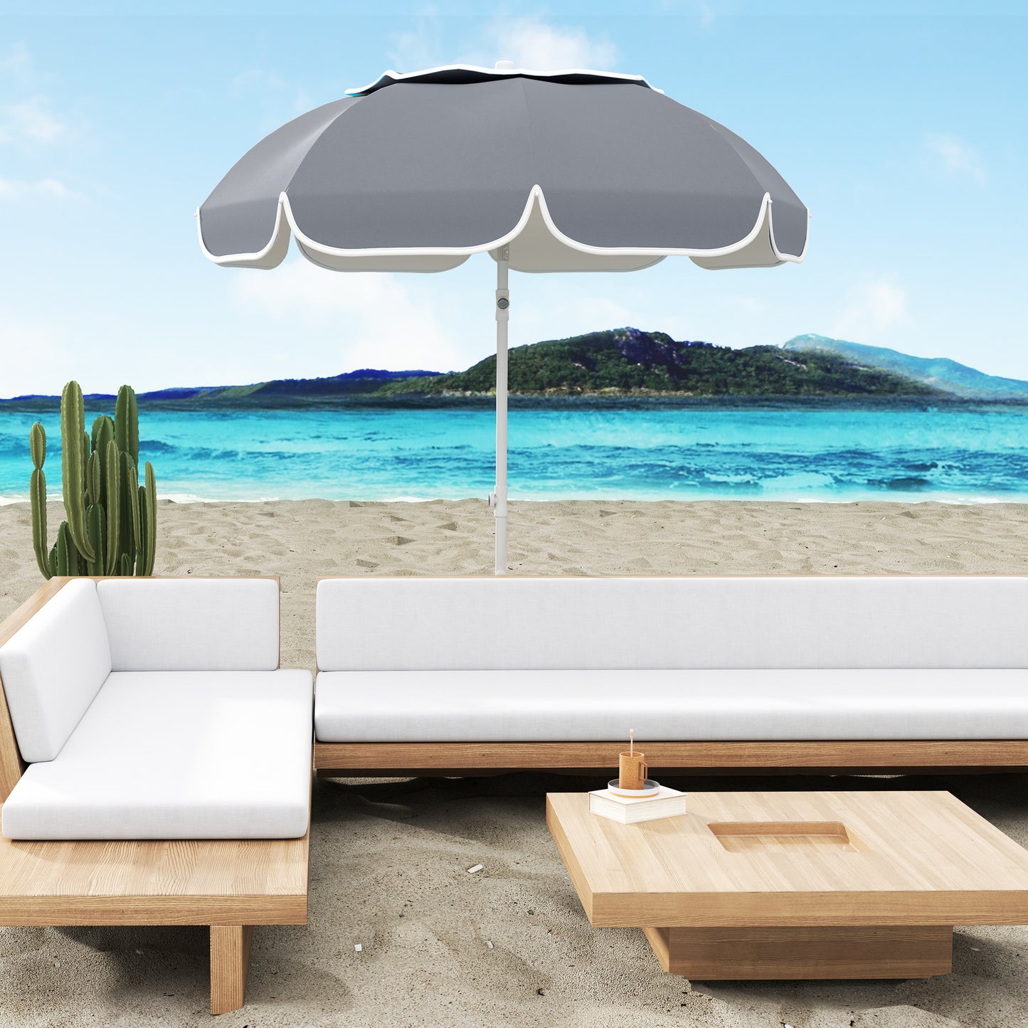 Outsunny Beach Umbrella Portable with Sand Anchor, Carry Bag, Adjustable Height & Tilt, UPF50+ UV Protection, Grey