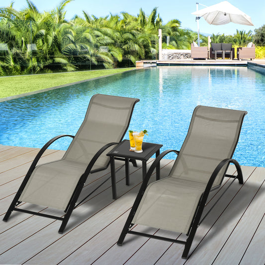 Outsunny 3 Pieces Sun Lounger Chair Set, Metal Frame Garden Outdoor Sunbathing Chair with Side Table and Armrest, Grey