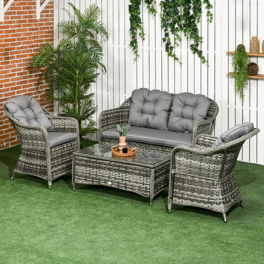 Outsunny Four-Piece Rattan Sofa Set, with Glass-Top Table - Mixed Grey