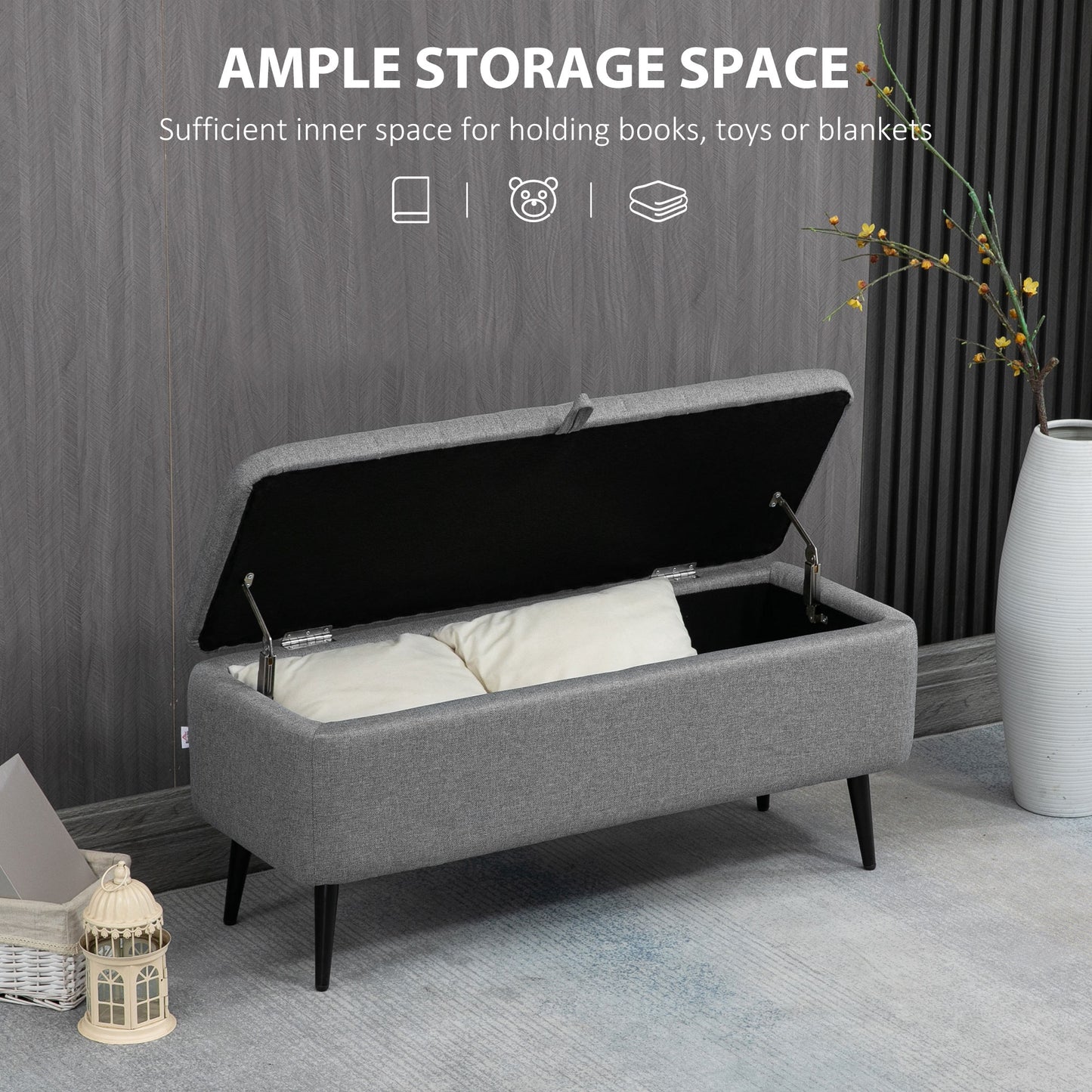 HOMCOM Storage Ottoman with Flip Top, Rectangular Upholstered Bench, Linen Look Fabric Footstool with Steel Legs for Living Room, Bedroom, Grey