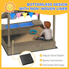 Outsunny House-Designed Wooden Sandbox, Outdoor Sandpit, with Blackboard, Toys, Sink, Seats, Flags, for Ages 3-7 Years - Grey