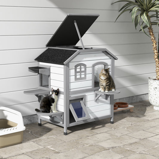 PawHut 2-Story Indoor or Outdoor Cat House W/ Escape Door, Cat Shelter, White