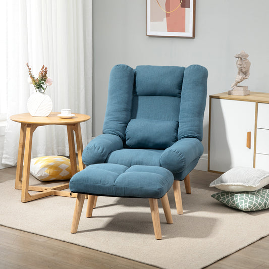 HOMCOM Armchair with Footstool, 180√Ç¬∞ Recliner with Ottoman, Accent Chair and Footstool with 3-Position Adjustable Backrest and Wooden Legs for Living Room, Blue